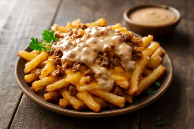 Crispy animal style fries topped with melted cheese, caramelized onions, and secret sauce