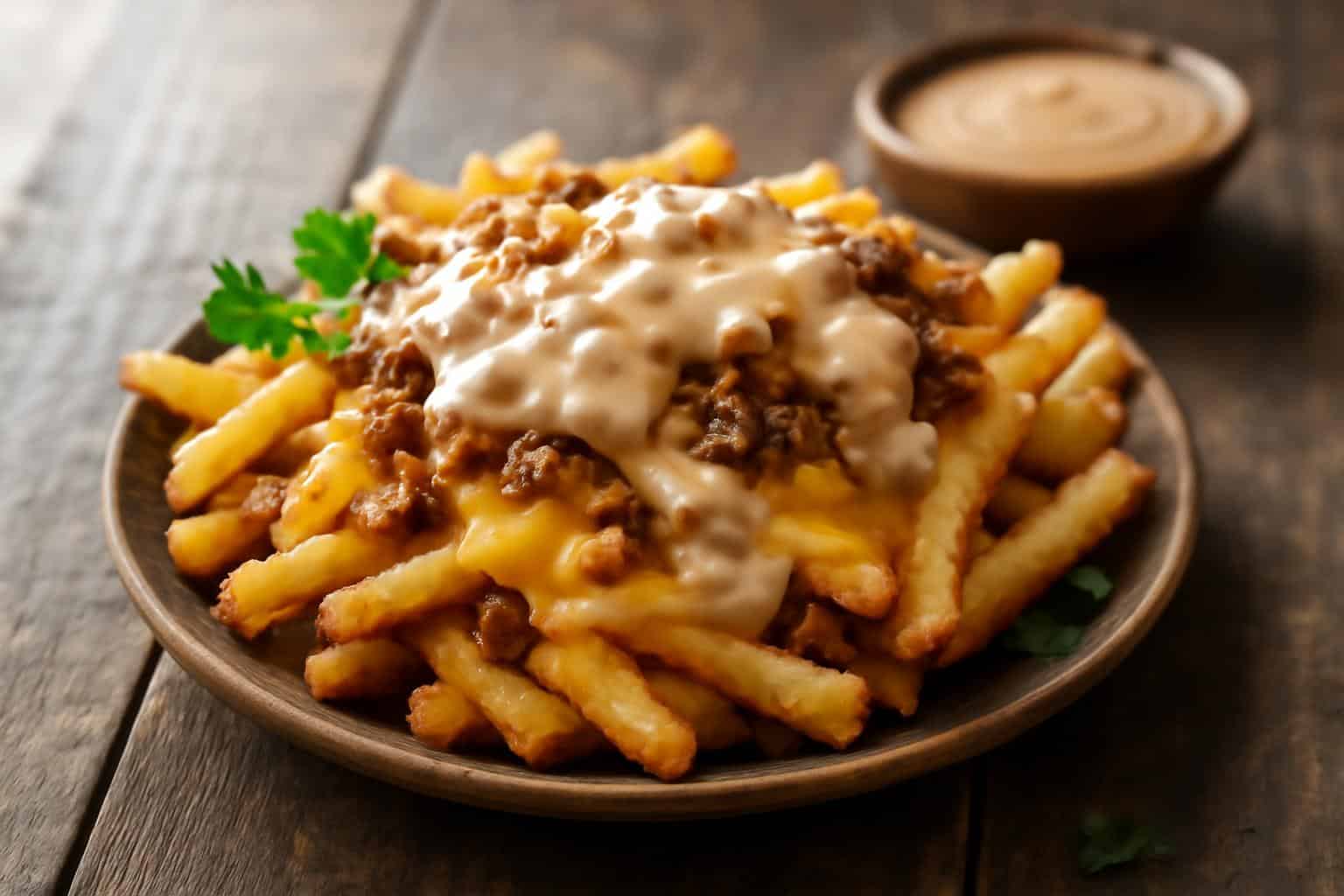 Crispy animal style fries topped with melted cheese, caramelized onions, and secret sauce