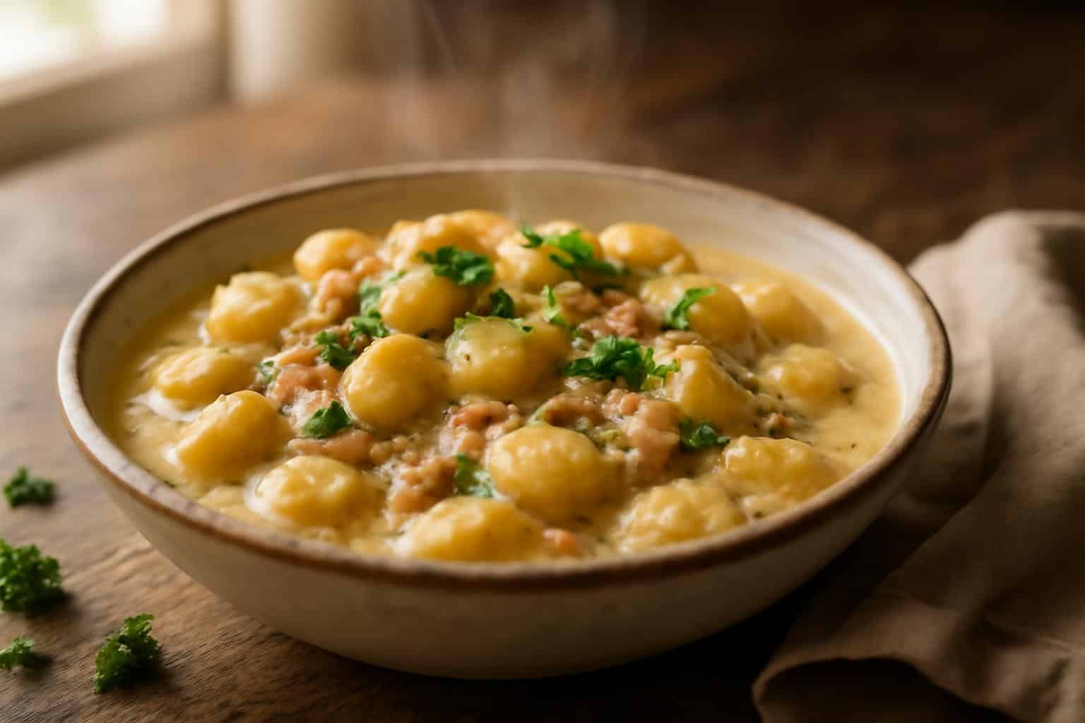 A bowl of creamy crack chicken gnocchi garnished with parsley, showcasing the creamy crack chicken gnocchi dish