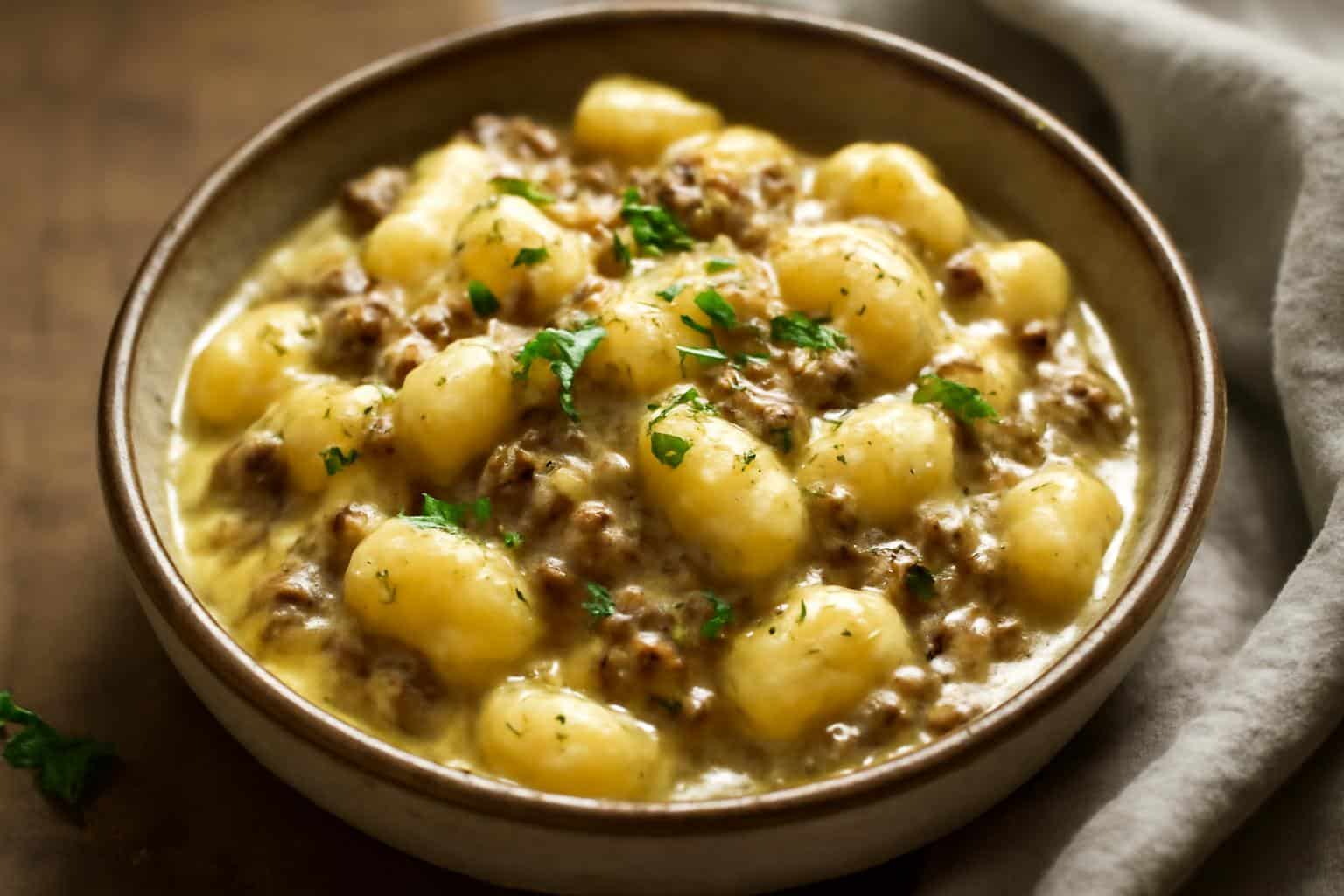 Creamy gnocchi with savory ground beef delight garnished with parsley and Parmesan