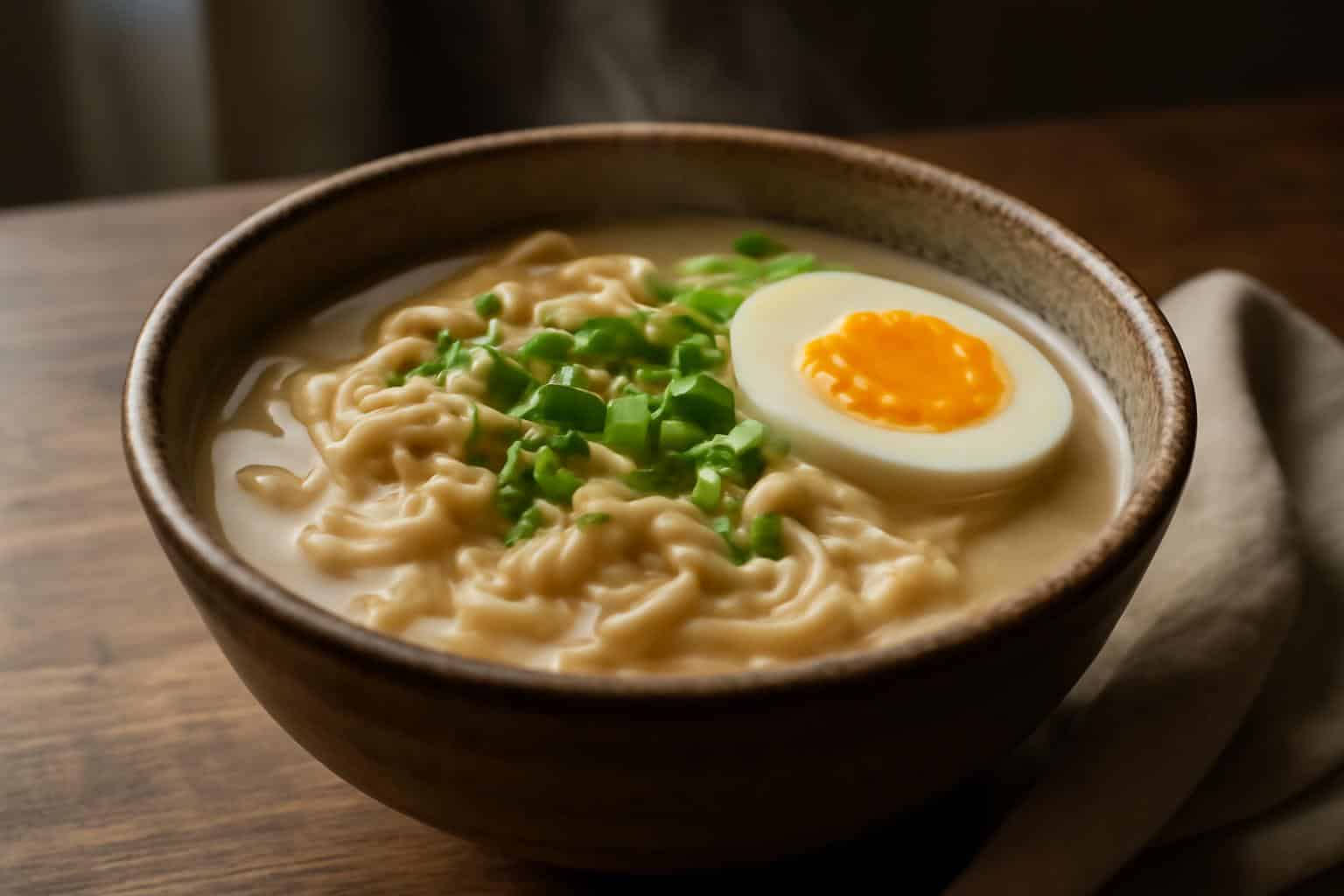A bowl of creamy ramen with soft-boiled egg and green onions, showcasing creamy ramen comfort food