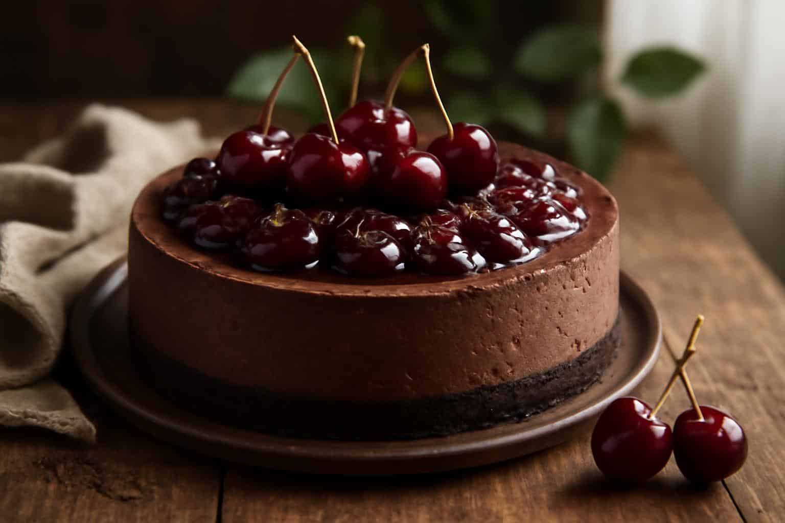 Dark chocolate cherry cheesecake delight with creamy texture and glossy cherry topping