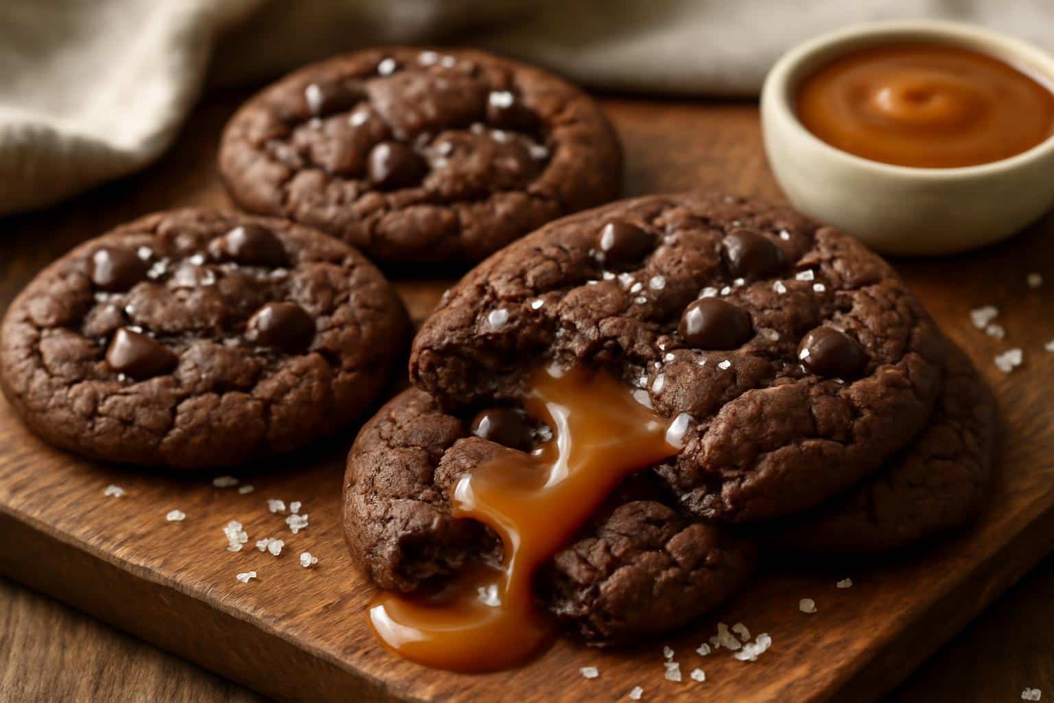 Freshly baked double chocolate cookies with gooey sea salt caramel filling on rustic surface