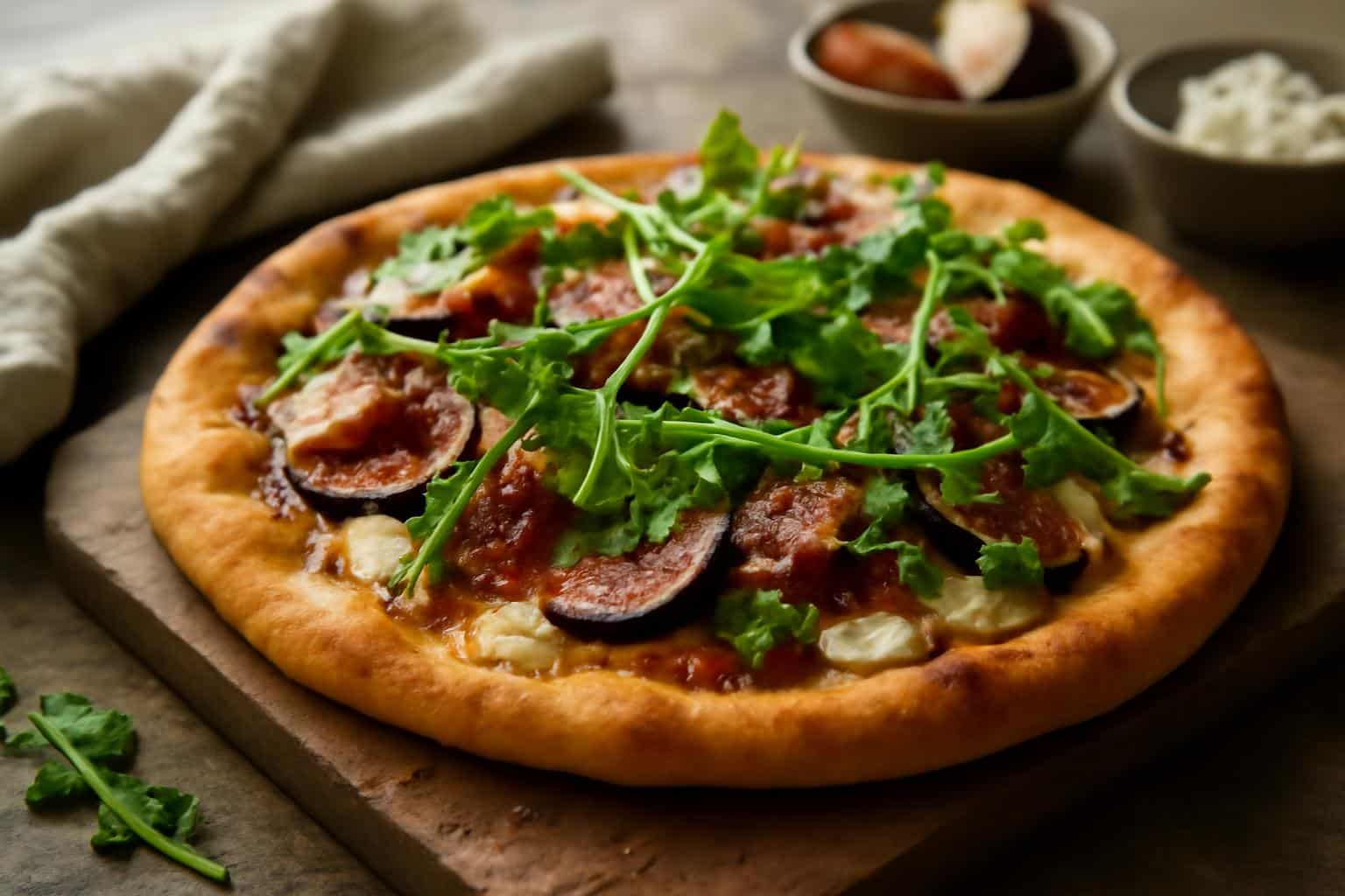 Fig goat cheese pizza topped with crispy prosciutto and fresh arugula