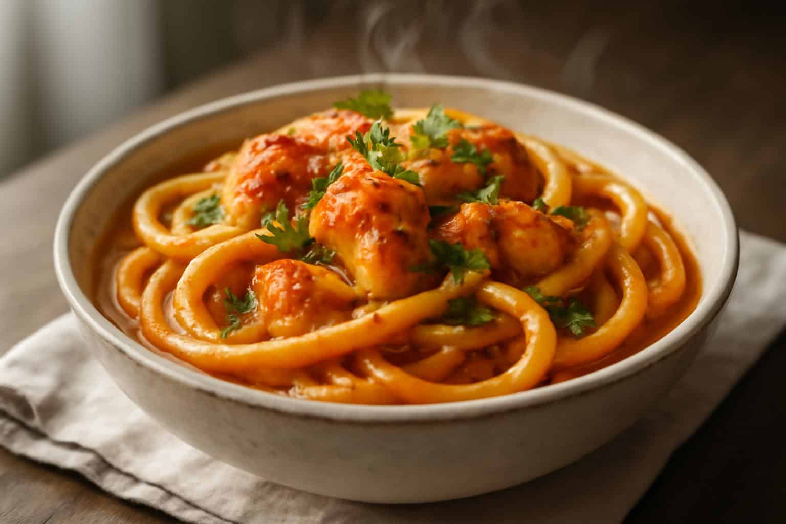 Indulgent lobster bucatini pasta with creamy tomato sauce and fresh herbs
