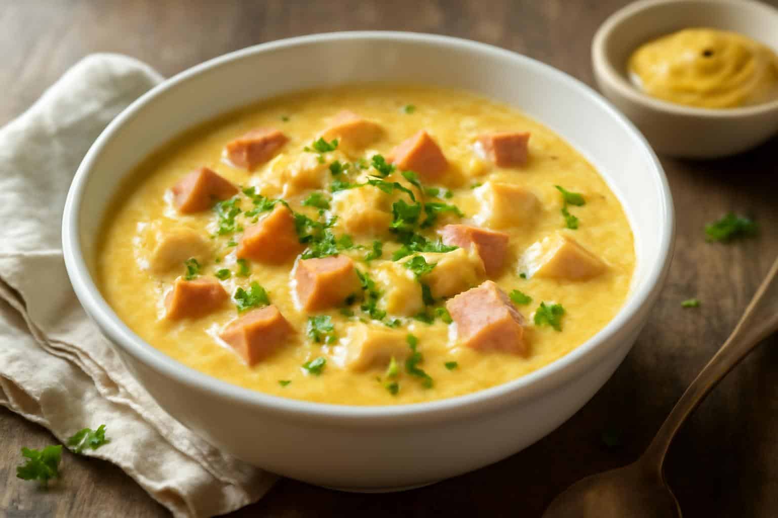 A bowl of indulgent monte cristo soup with ham, turkey, melted cheese, and fresh herbs