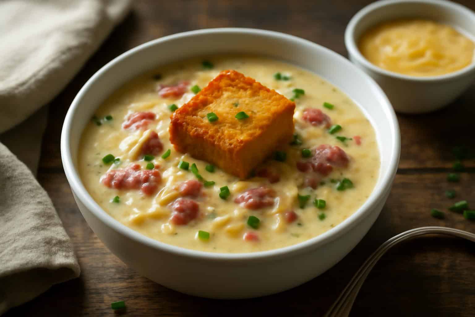 Indulgent Monte Cristo soup served in a bowl garnished with parsley and crouton