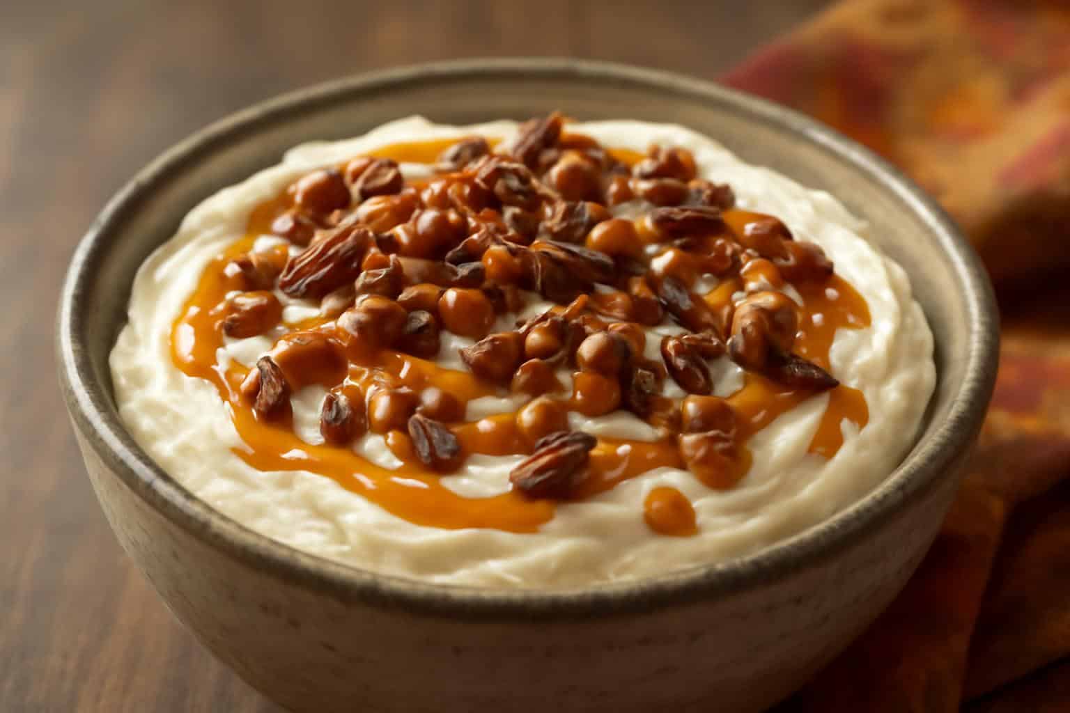 Creamy turtle cheesecake dip topped with caramel, chocolate, and pecans in a rustic bowl