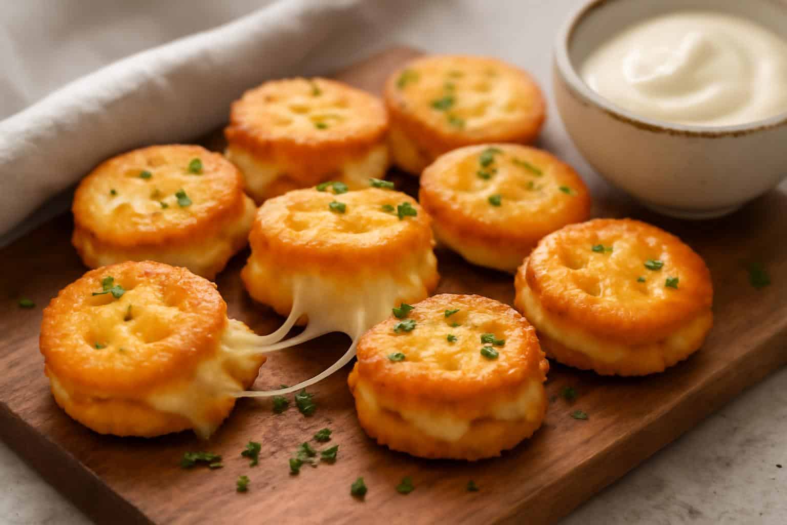 Golden crispy cheesy garlic Ritz bites garnished with parsley and served with garlic dip