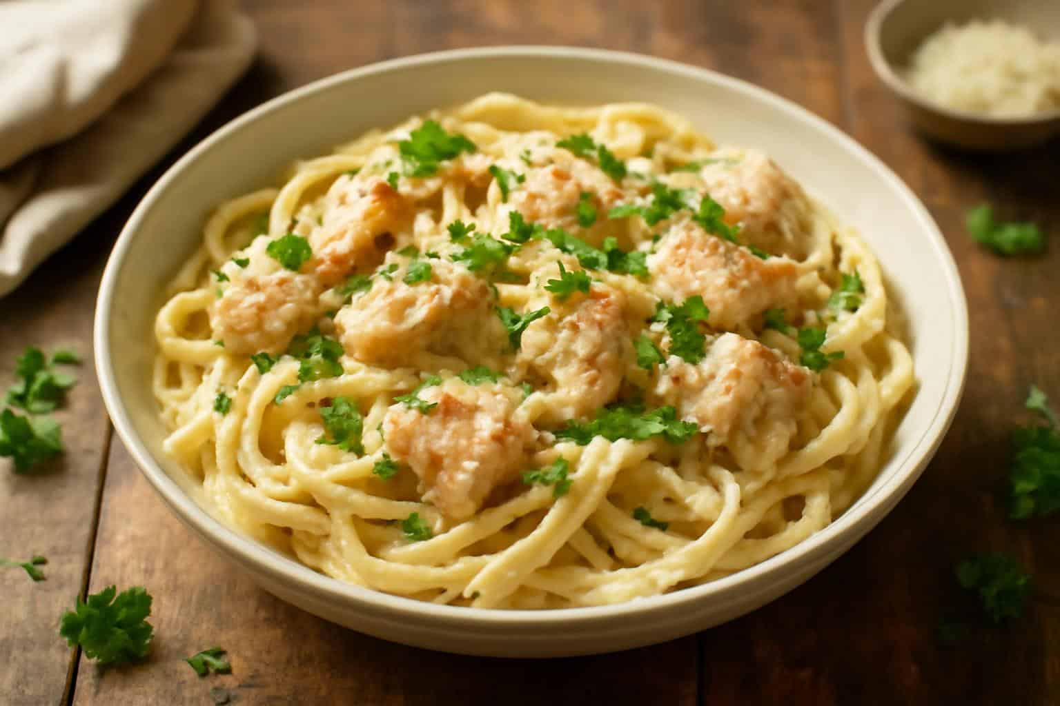 Creamy chicken garlic parmesan pasta garnished with parsley and parmesan cheese