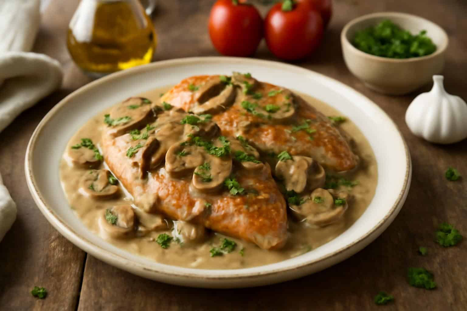 Plate of chicken marsala with savory mushroom sauce and fresh parsley garnish