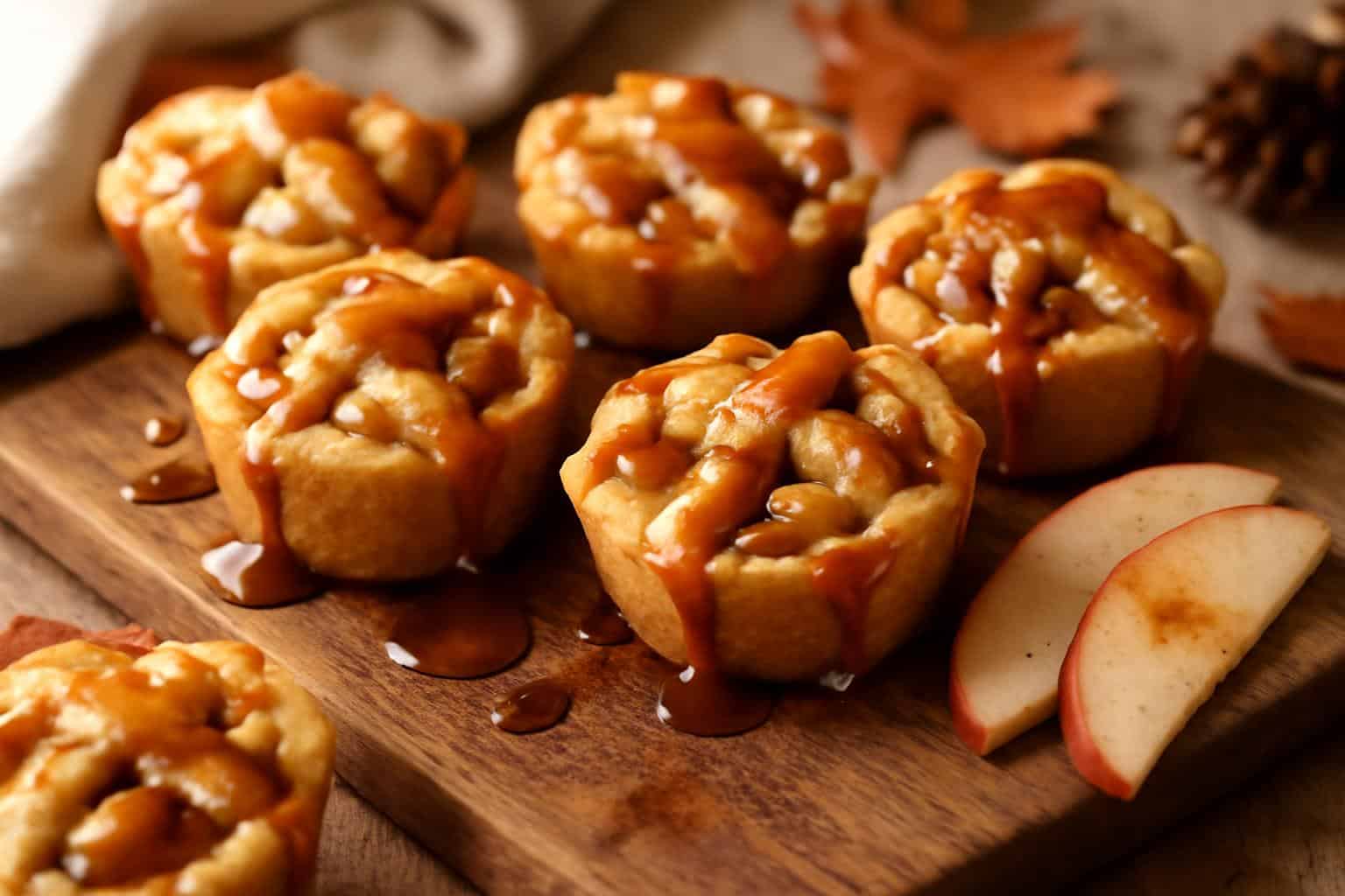 Freshly baked cinnamon caramel apple pie bites with golden crust and caramel drizzle