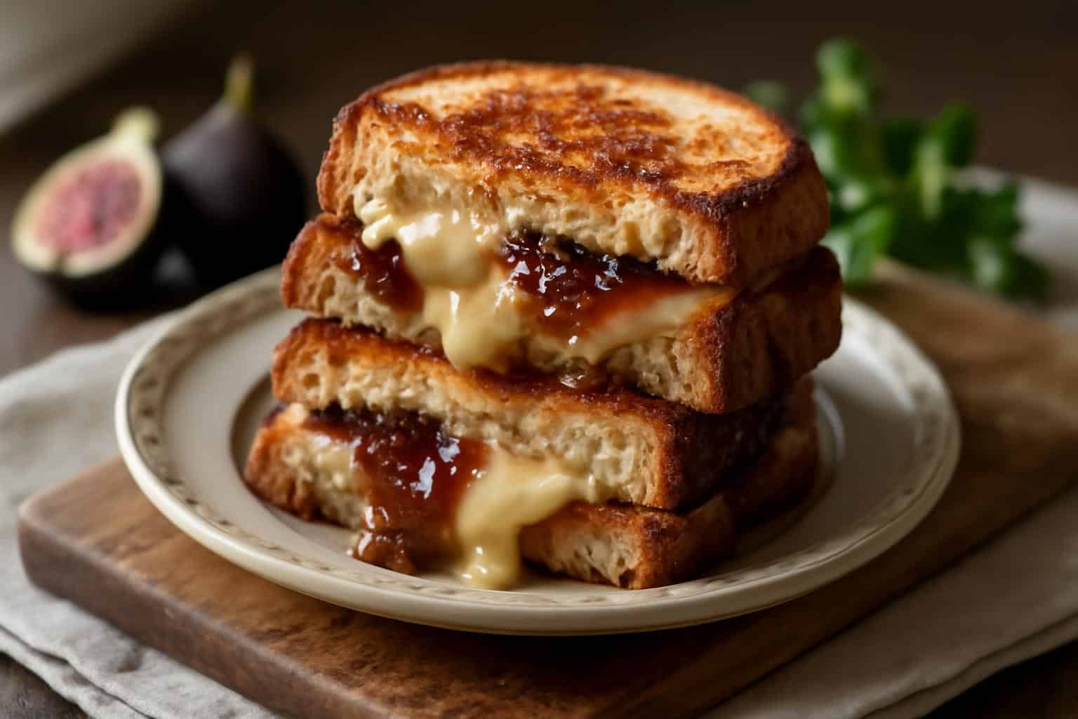 Gourmet fig jam melt sandwich with melted cheese and fresh figs, showcasing fig jam melt