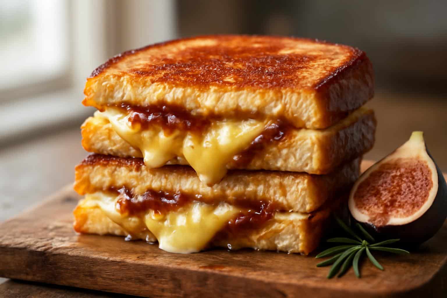 Golden brown fig jam melt sandwich with melted cheese and fig jam filling on rustic wooden board