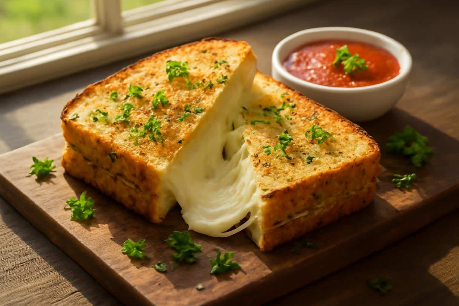 Garlic bread grilled cheese sandwich with melted cheese and parsley garnish