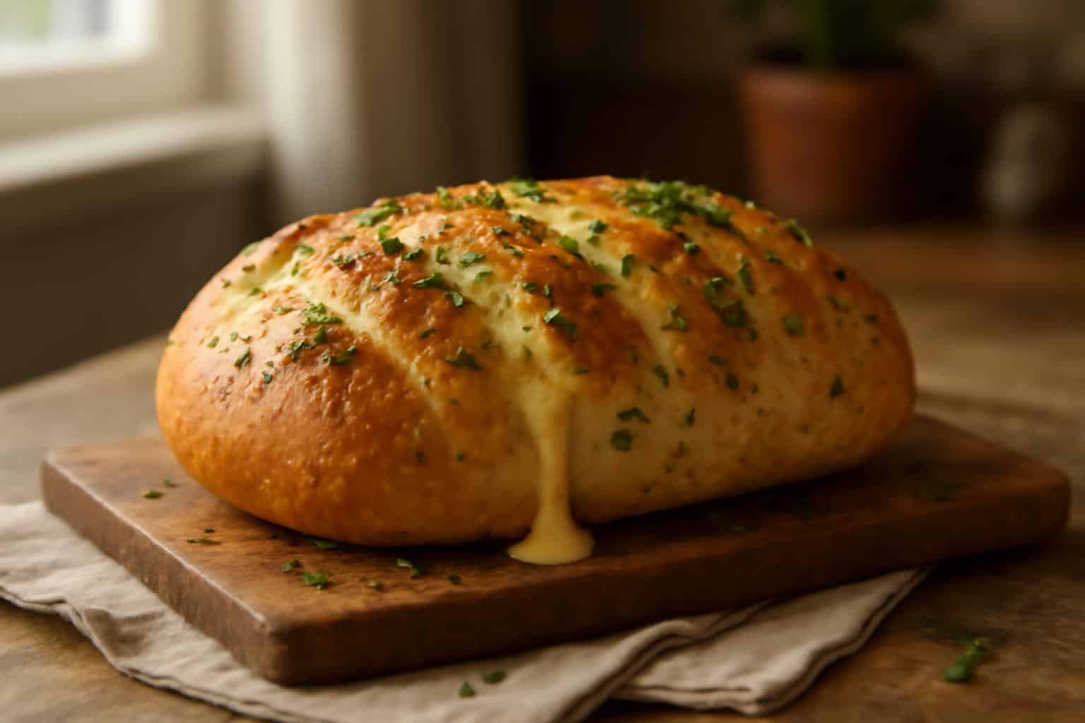 Close-up of garlic parmesan bread with herbs and melted cheese on wooden board
