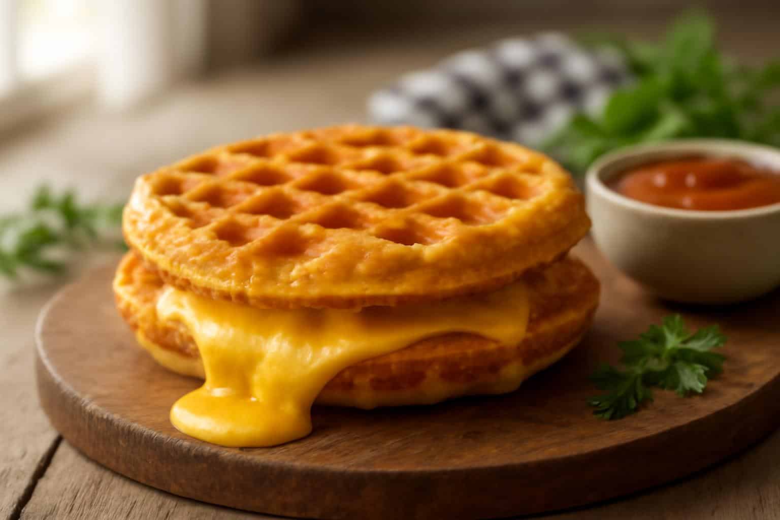 Golden grilled cheese chaffle with melty cheese, a low-carb grilled cheese chaffle, gluten-free treat