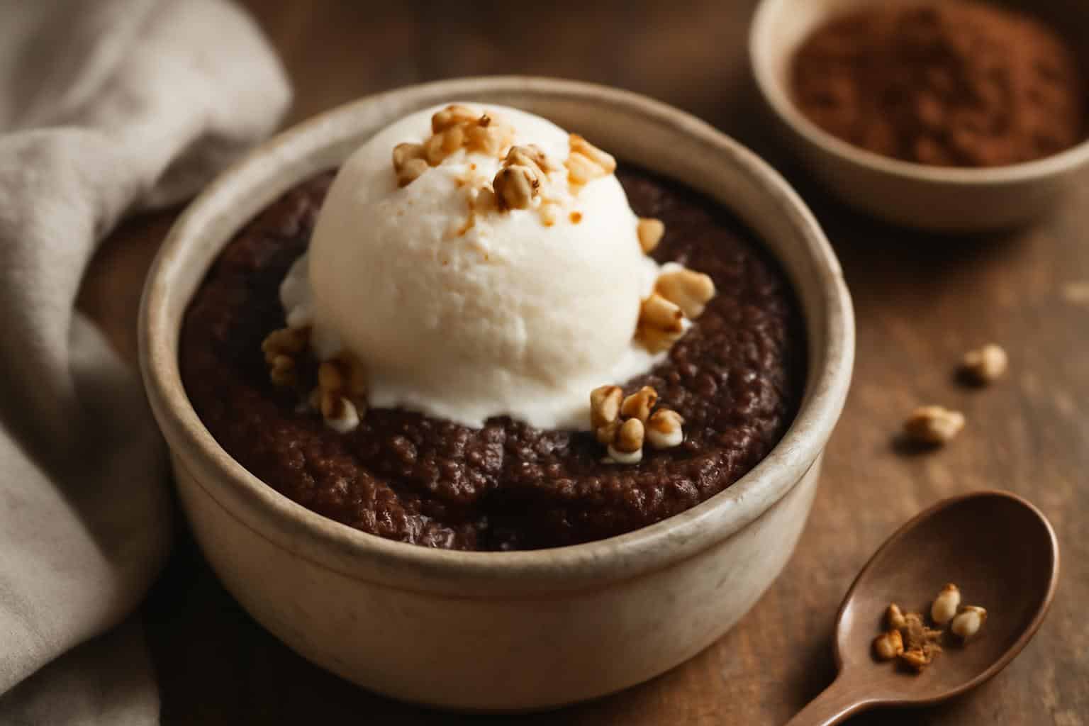 Homemade brownie pudding served warm with vanilla ice cream and walnuts, showcasing creamy texture