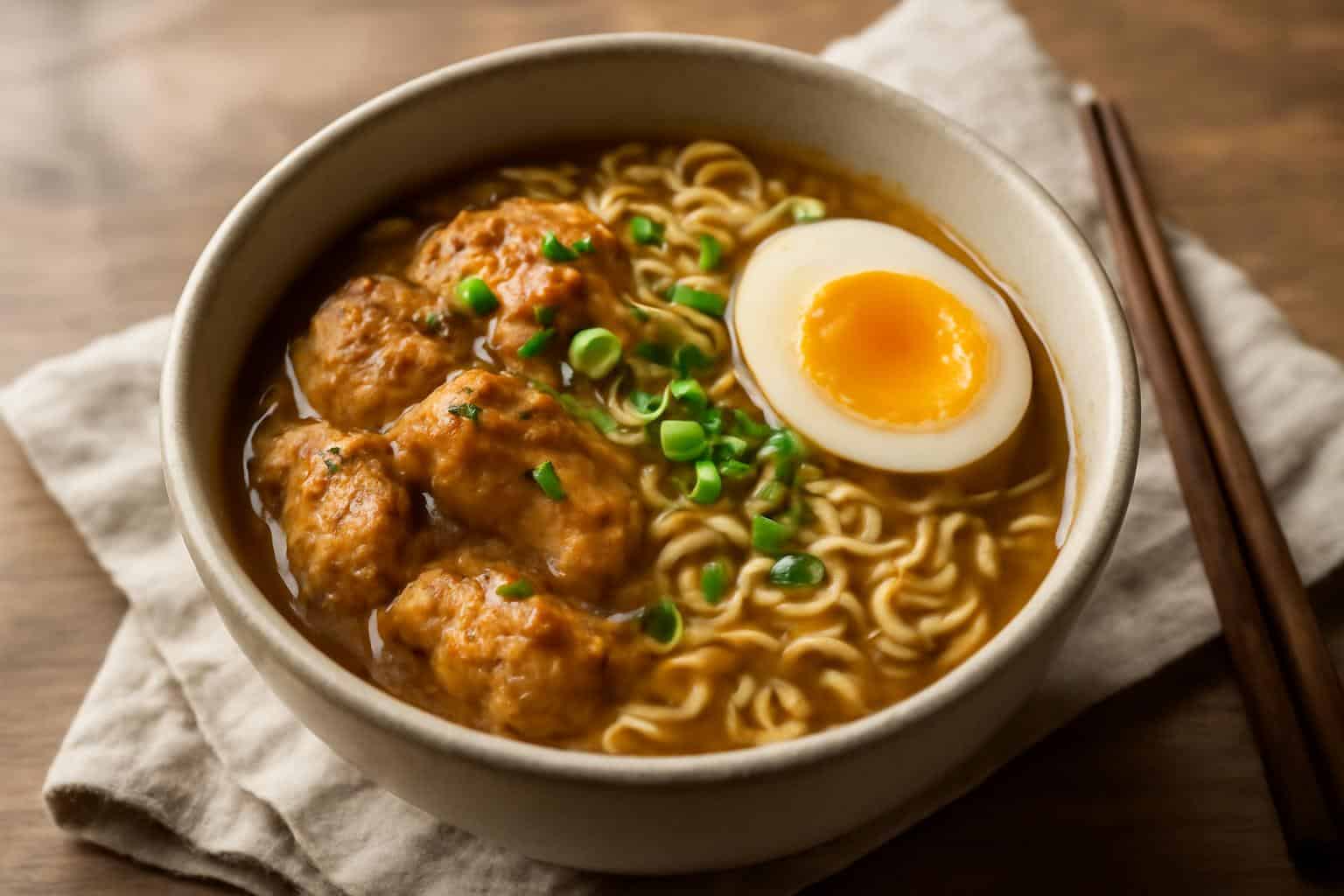 A steaming bowl of marry me chicken ramen garnished with green onions and soft-boiled egg