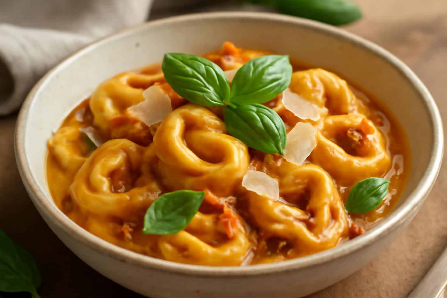 Creamy marry me tortellini garnished with fresh basil and Parmesan cheese