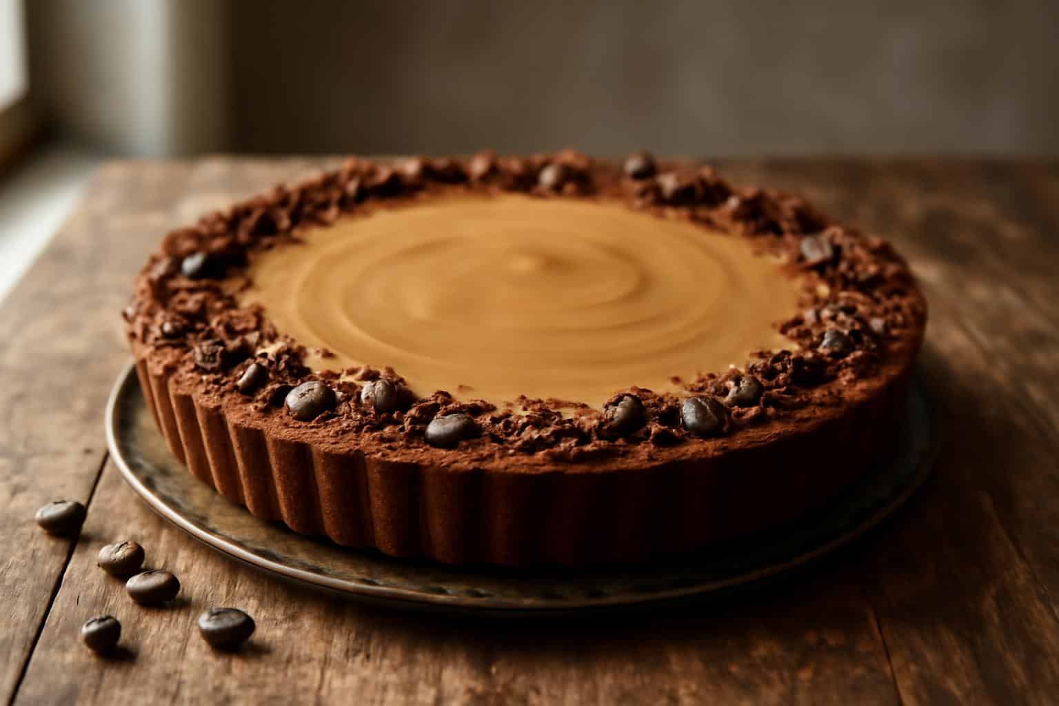 creamy no bake moka tart garnished with chocolate shavings and coffee beans