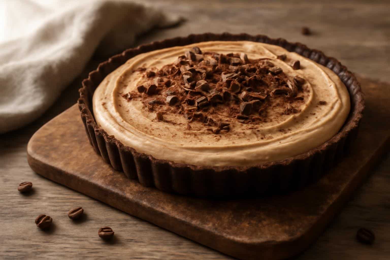 A no-bake moka tart topped with chocolate shavings and cocoa powder, perfect coffee-flavored dessert