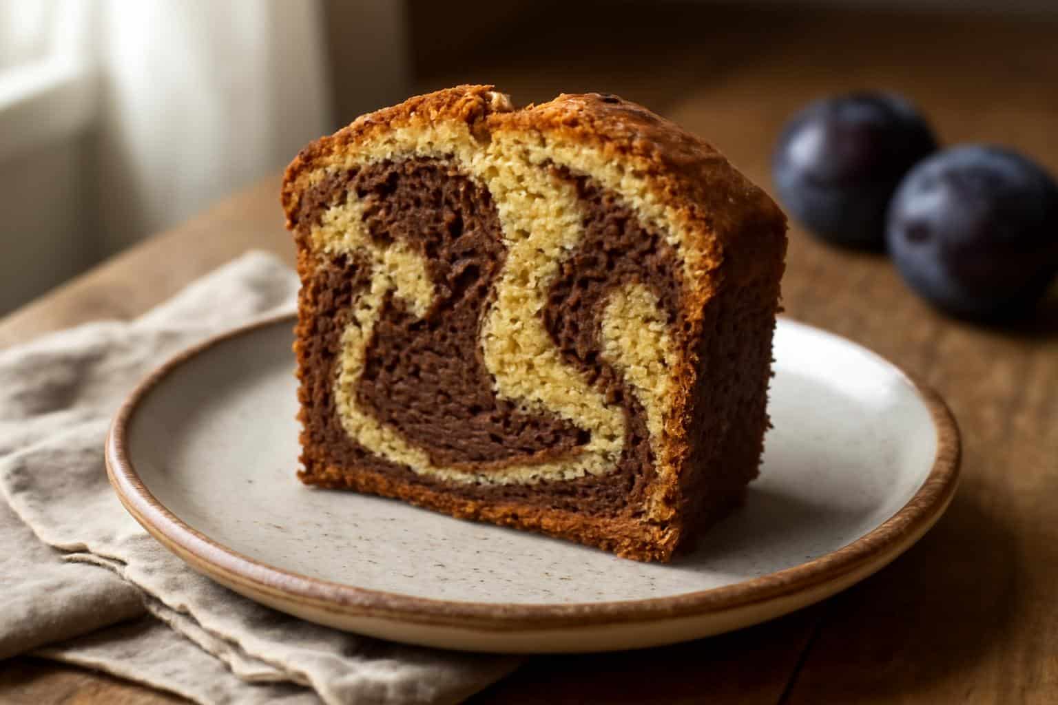Moist slice of plumcake marmorizzato with chocolate and vanilla swirls on rustic plate