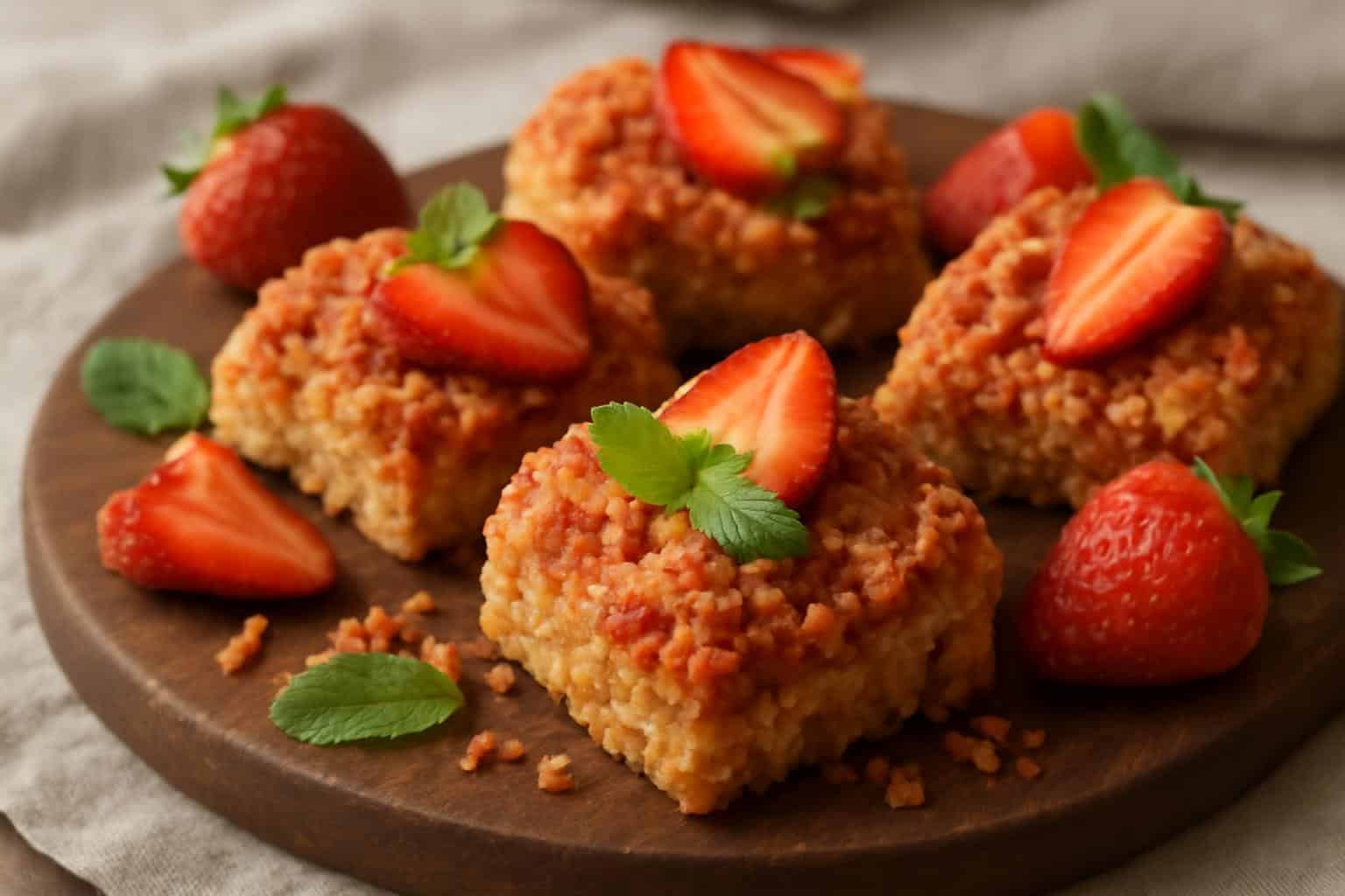 Freshly baked strawberry crunch bites with crispy topping on wooden board, strawberry crunch bites
