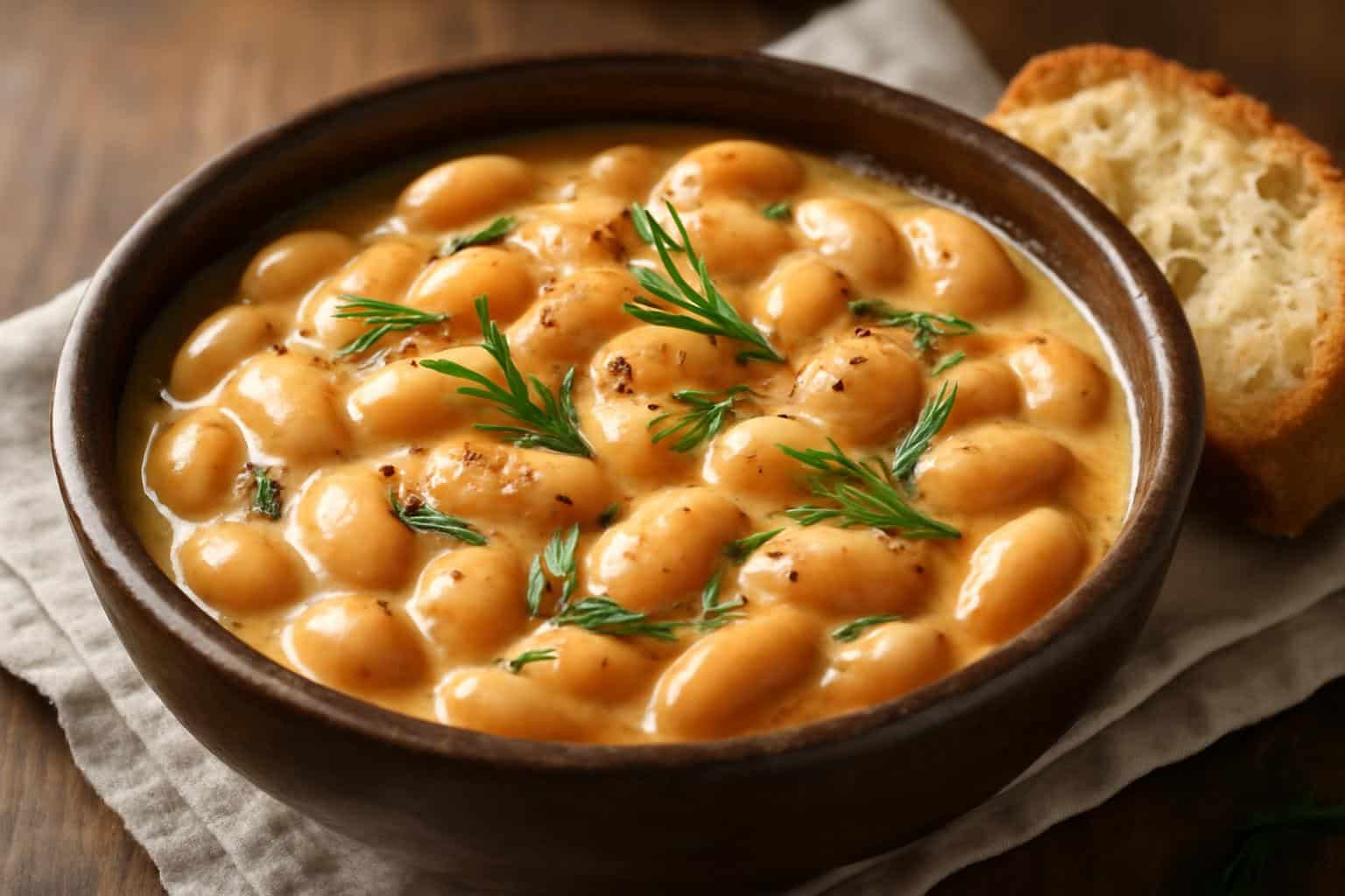 Tuscan butter beans in a rustic bowl garnished with rosemary and black pepper