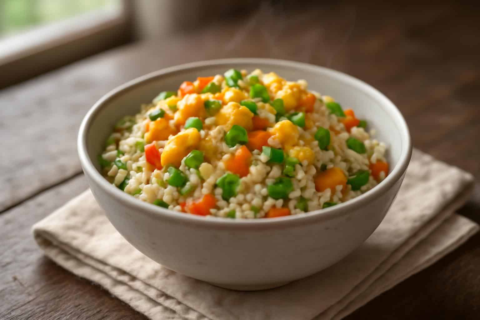 A bowl of appetizing egg fried rice with eggs, scallions, and vegetables in natural soft light