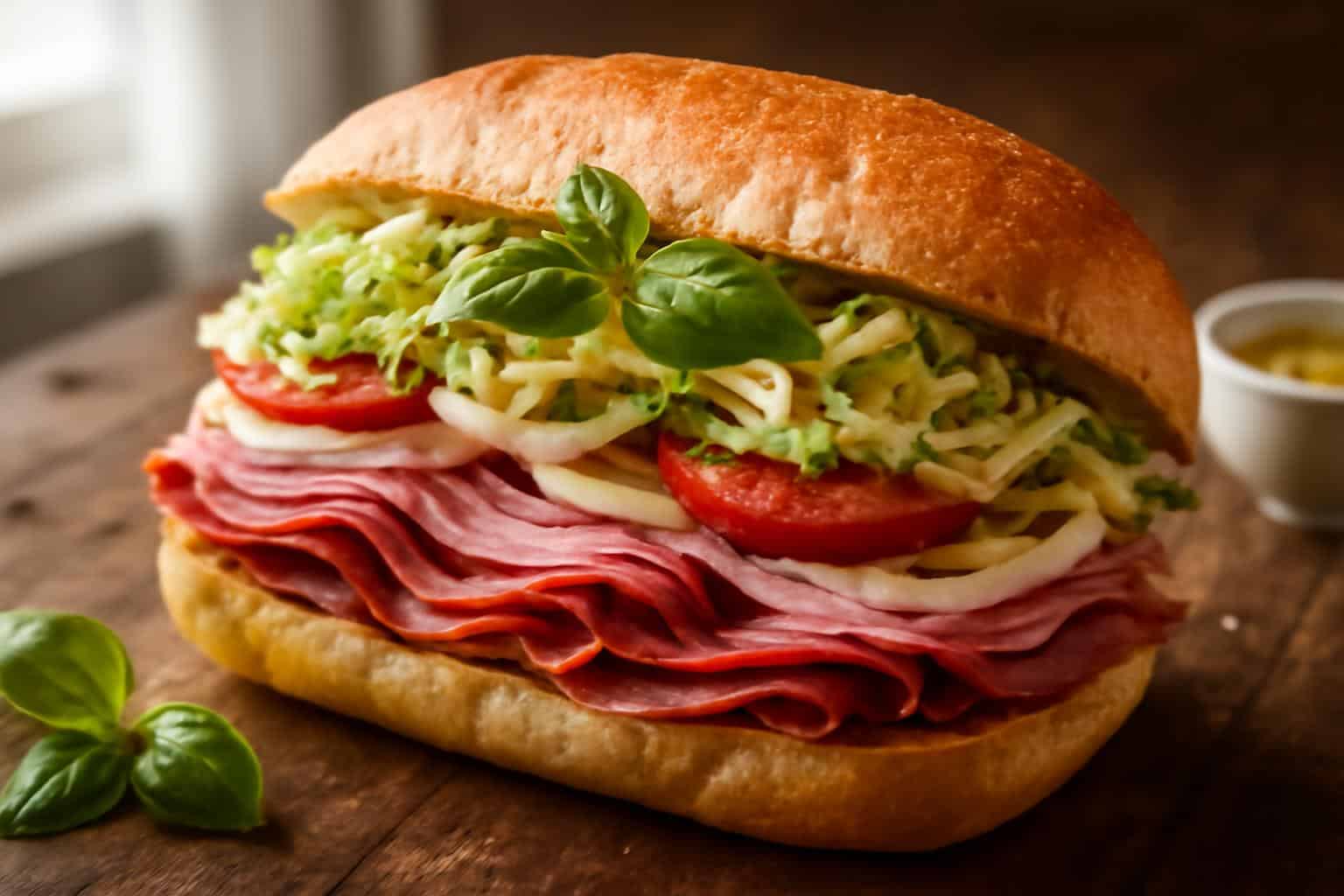 Italian grinder salad sandwich with fresh deli meats, lettuce, tomatoes, onions, and Italian dressing