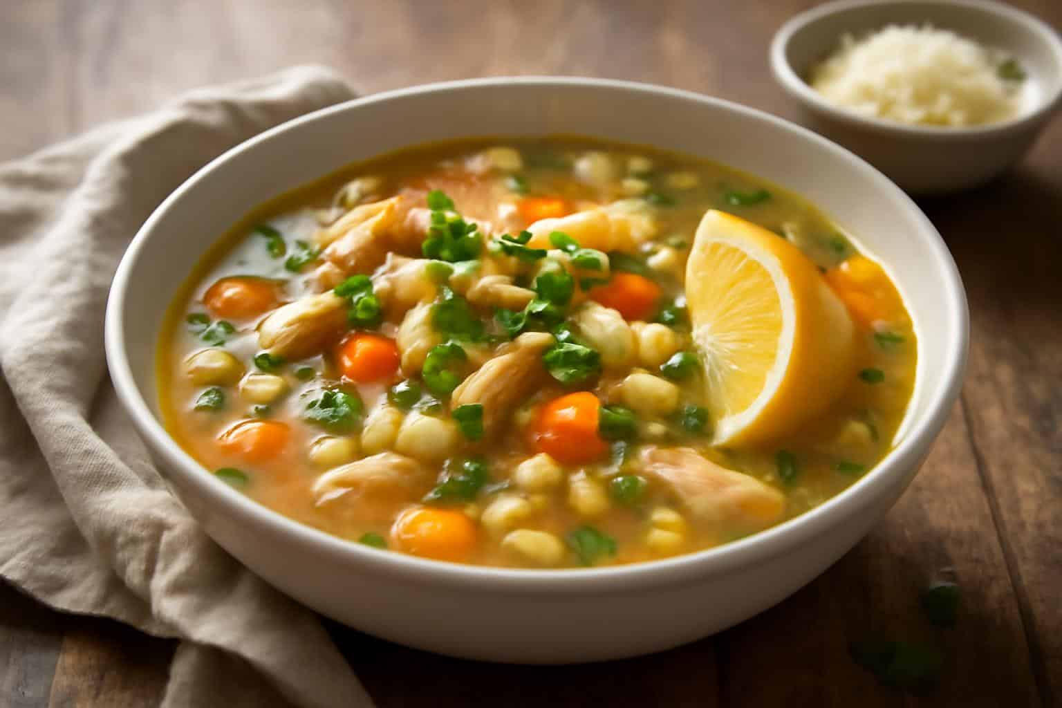 A steaming bowl of italian penicillin soup with chicken pasta garnished with fresh parsley and lemon wedge