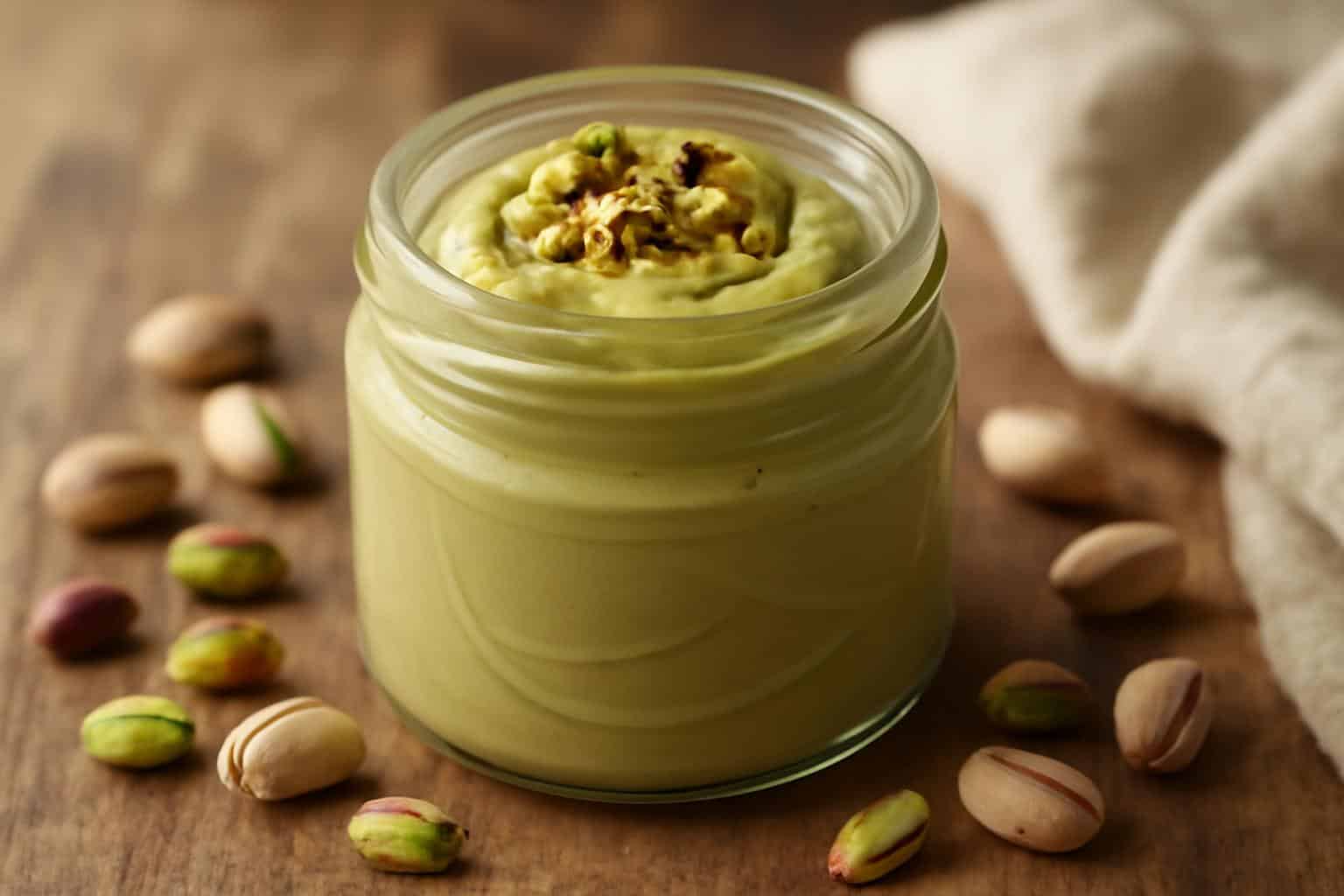 Jar of irresistibly smooth Italian pistachio cream nutty spread with garnish of crushed pistachios