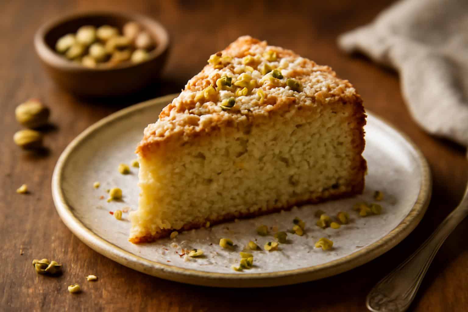 Slice of pistachio crumb cake with a nutty crumb topping on rustic plate in natural light