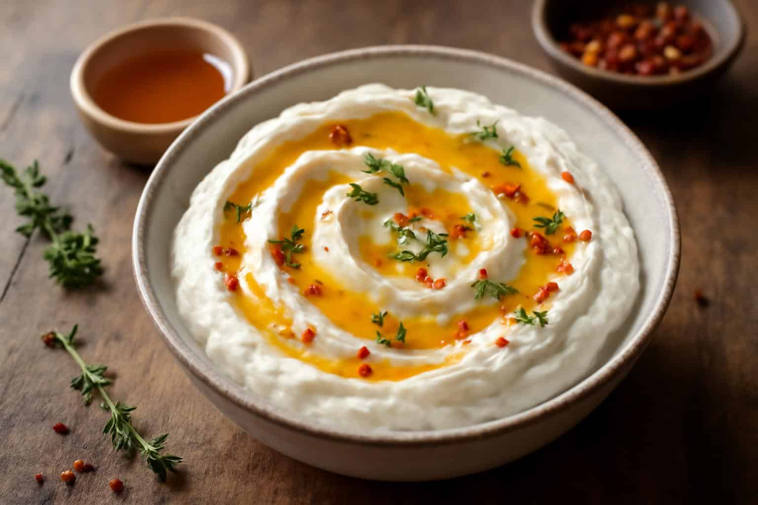 Creamy Italian whipped ricotta drizzled with hot honey and garnished with chili flakes and fresh herbs