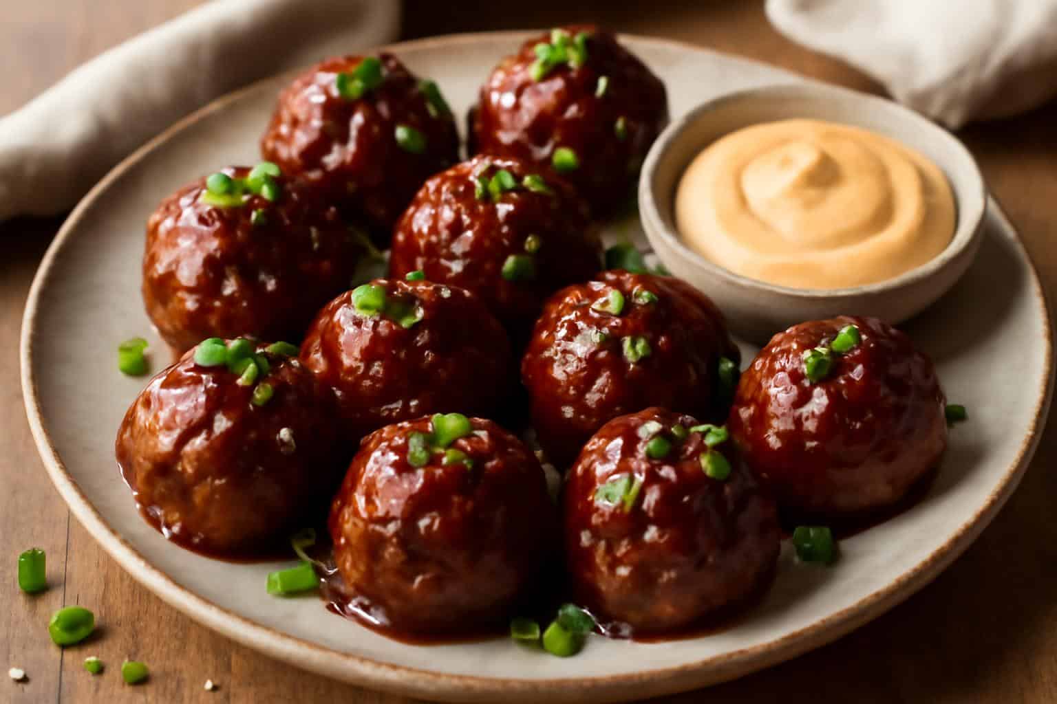 Korean BBQ meatballs with spicy mayo dip garnished with green onions and sesame seeds