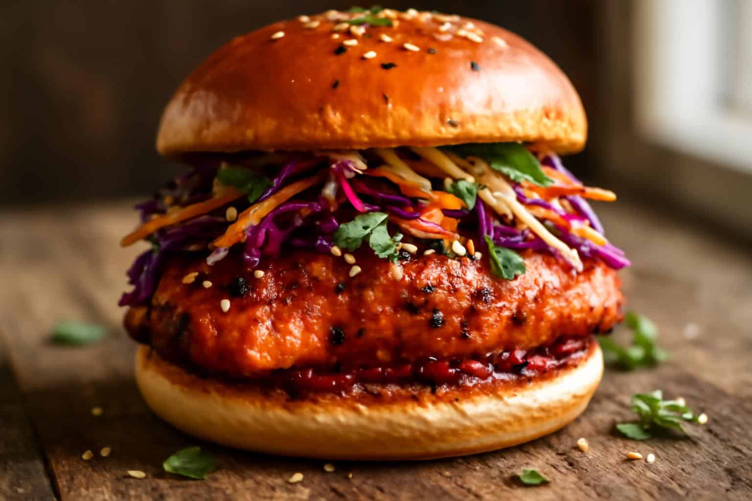 Korean grilled chicken sandwich topped with crunchy slaw on a toasted bun