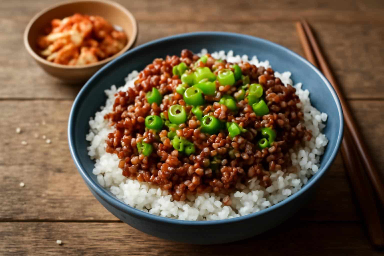 Korean ground beef bowl served over rice with green onions and sesame seeds, ready to eat