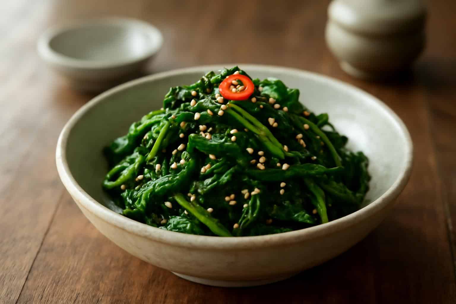 Korean spinach side dish Sigeumchi Namul garnished with sesame seeds and chili slice