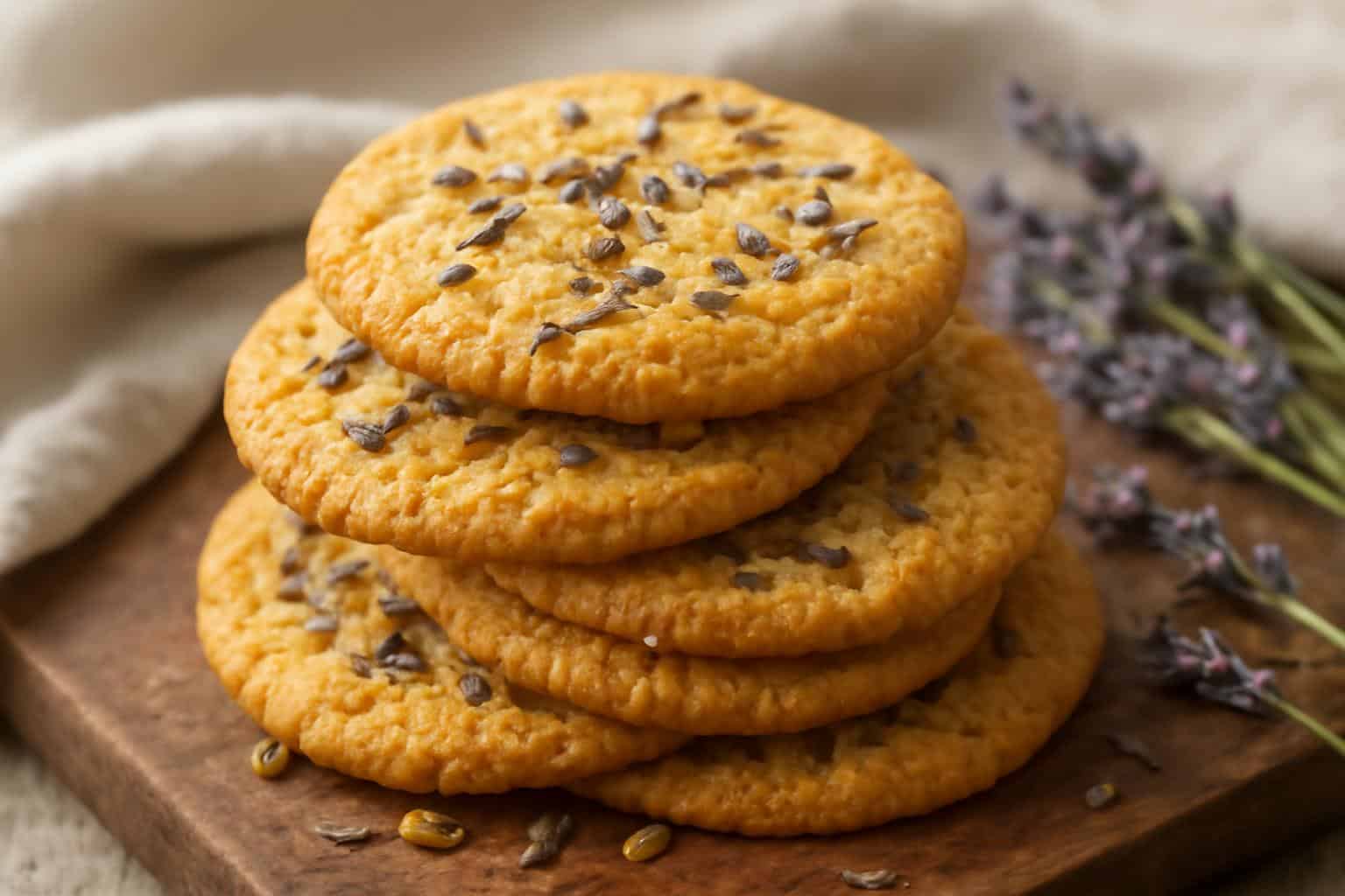 Close-up of lavender honey crunch cookies with honey drizzle and lavender buds