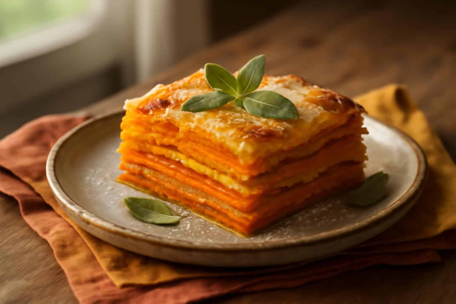Layered sweet potato lasagna with butternut squash and carrot garnished with sage leaves
