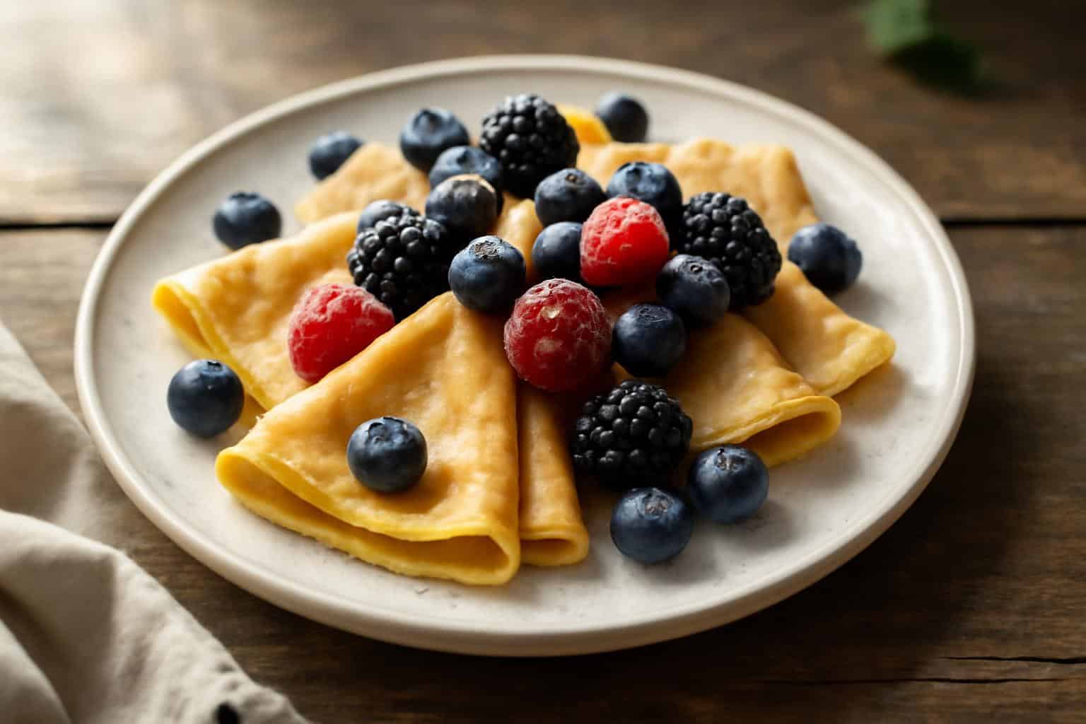 Plate of golden lazy crepes with fresh berries and powdered sugar in natural light