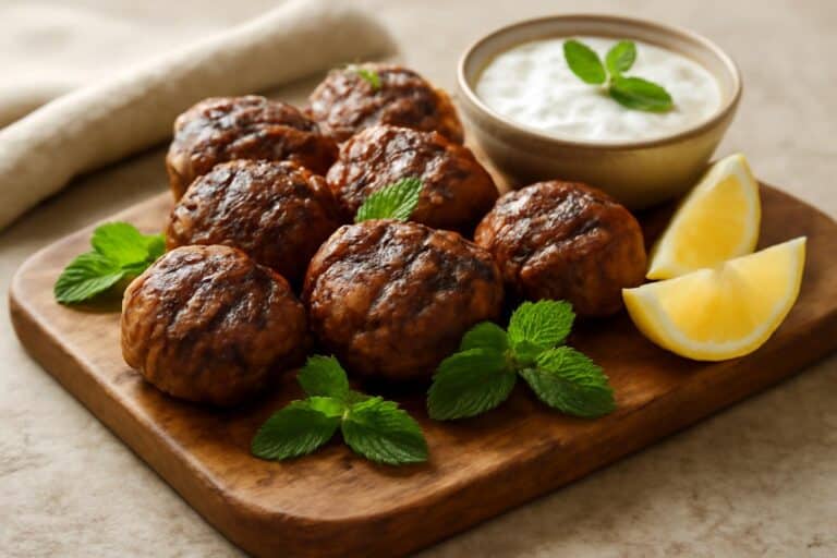 Juicy grilled Lebanese kofta beef meatballs served with cool mint sauce and fresh garnishes