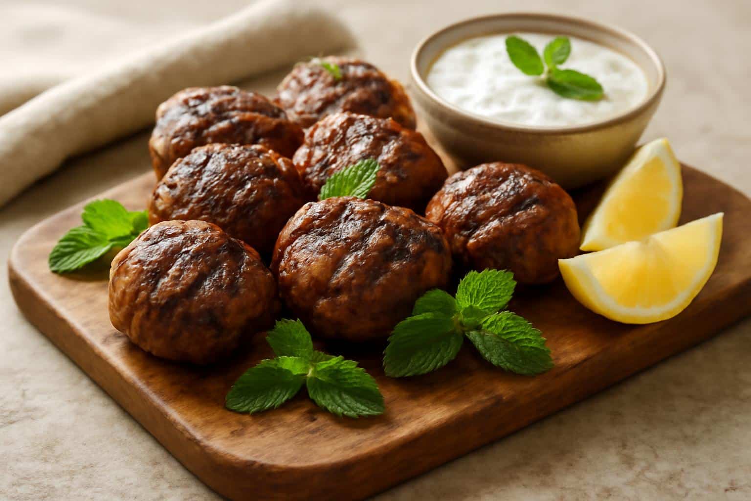 Juicy grilled Lebanese kofta beef meatballs served with cool mint sauce and fresh garnishes