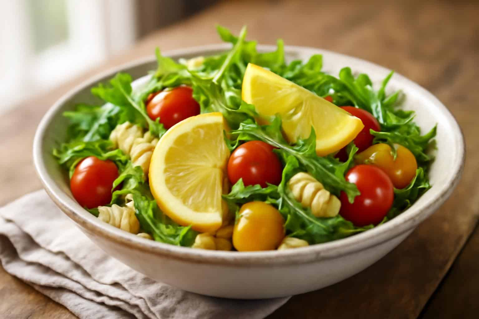 Lemon arugula pasta salad with fresh greens and cherry tomatoes in natural light