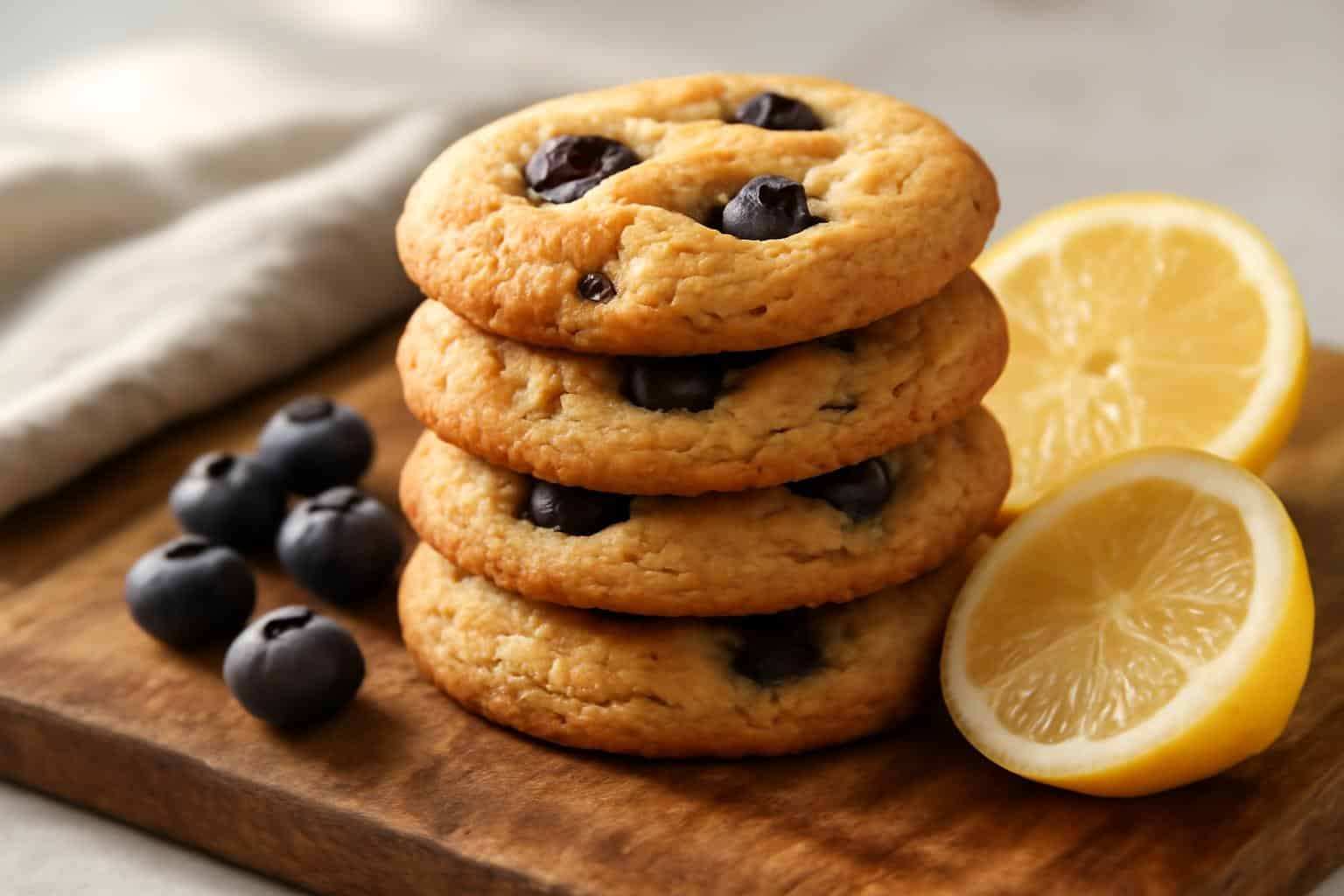 Stack of lemon blueberry cookies browned butter blondie with fresh blueberries and lemon slices