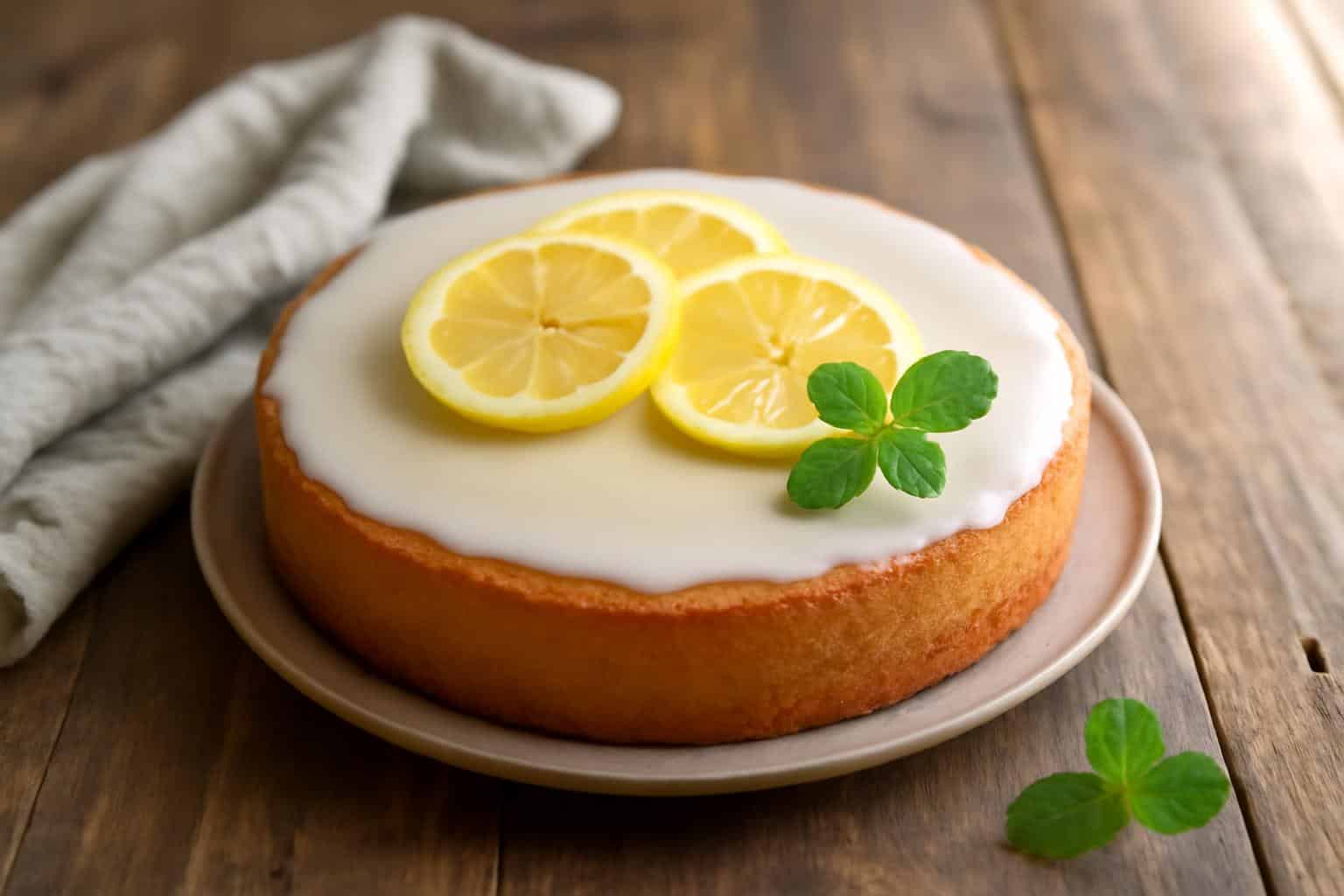 Moist lemon cake topped with lemon glaze and fresh lemon slices, showcasing a zesty lemon cake dessert
