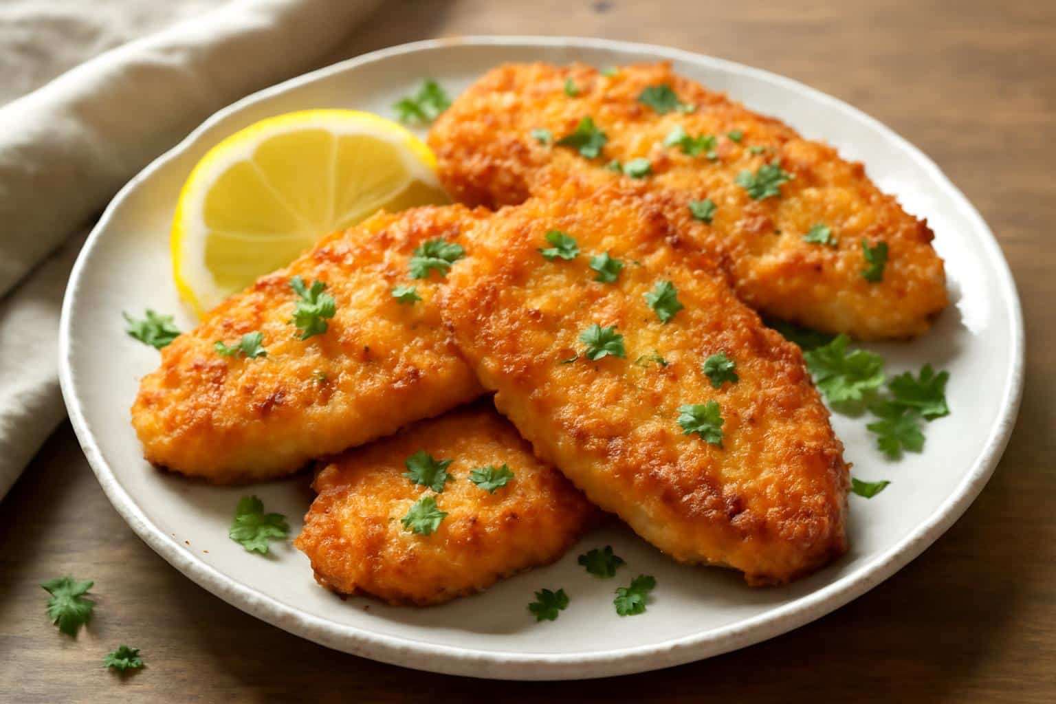 Crispy lemon chicken romano with lemon wedges and parsley garnish on a white plate