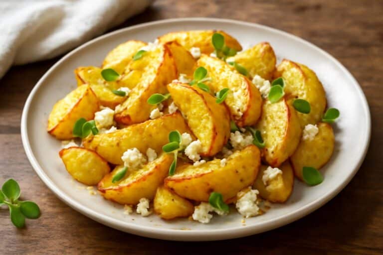 Lemon feta potatoes roasted to golden perfection with fresh herbs, lemon zest, and crumbled feta cheese