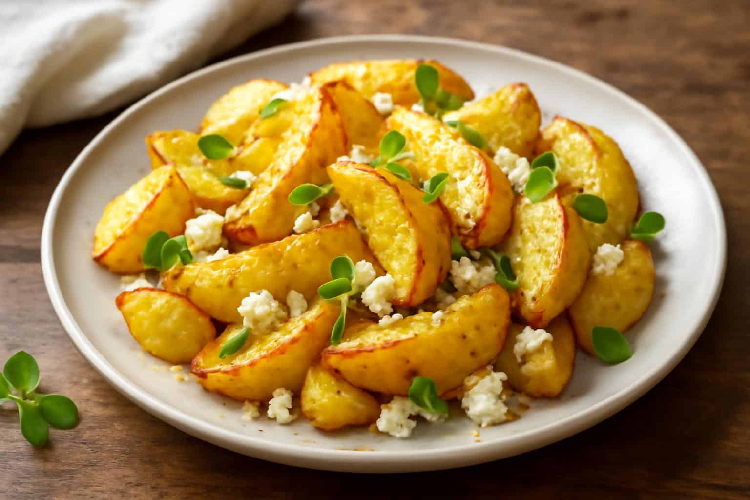 Lemon feta potatoes roasted to golden perfection with fresh herbs, lemon zest, and crumbled feta cheese